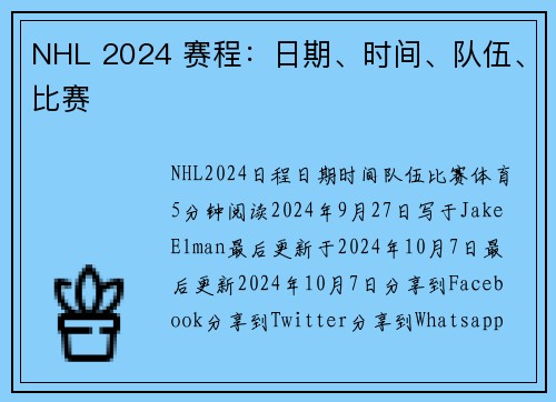 NHL 2024 赛程：日期、时间、队伍、比赛